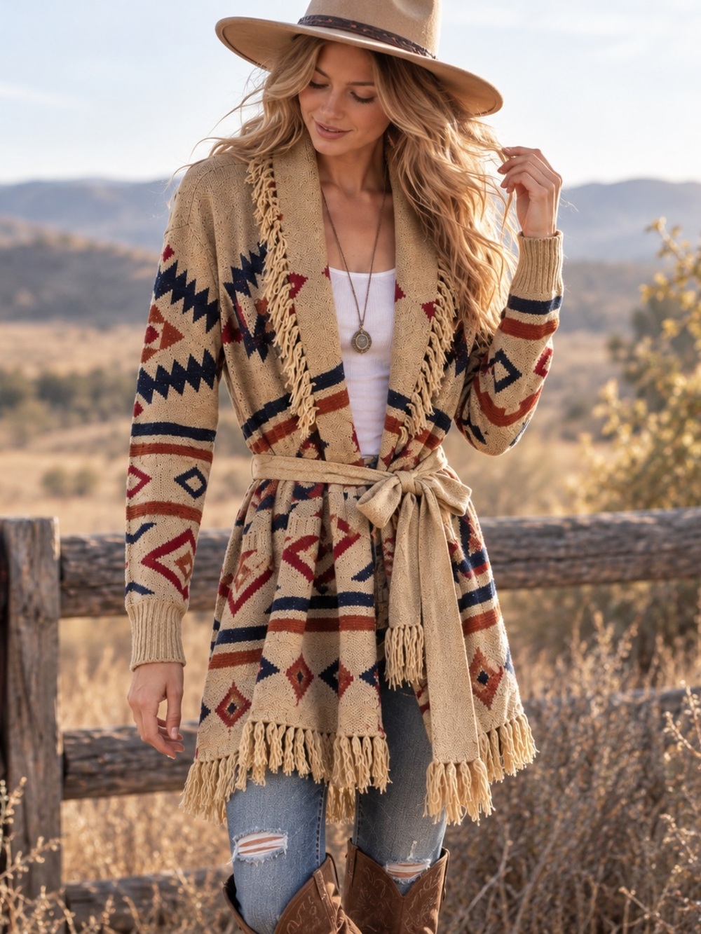 Idyllwind by Miranda Lambert Southwestern Fringe Cardigan XL Tan Tie Waist